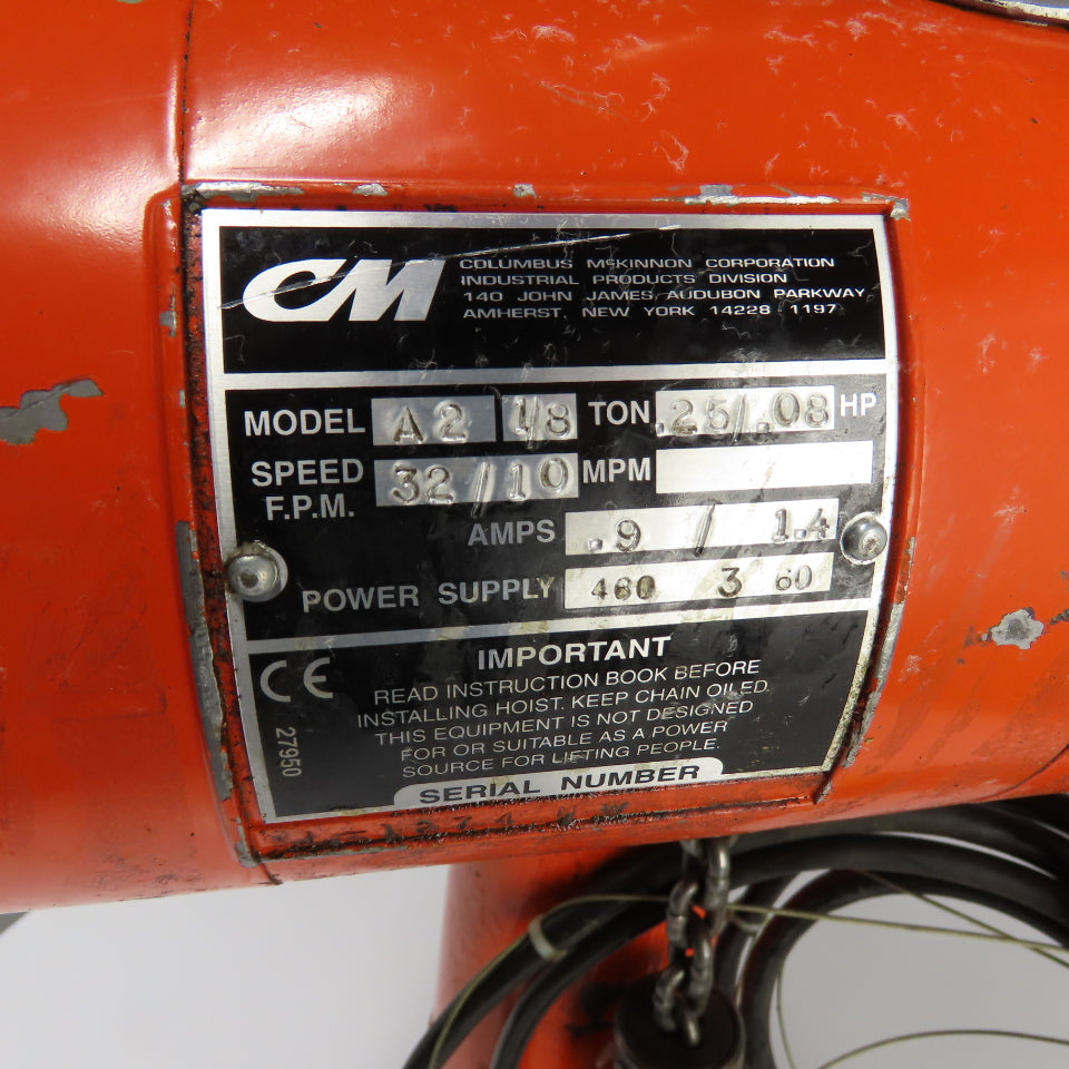 CM Lodestar Model A2 1/8Ton 250LB Electric Chain Hoist 460V 3Ph 32/10FPM 12'Lift