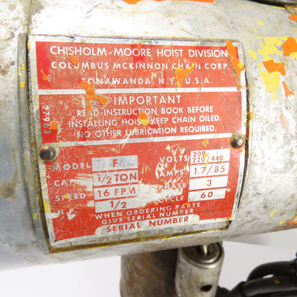 CM Lodestar Model F Electric Chain Hoist 1/2 Ton 16FPM 12' Lift 208-220/440V 3Ph