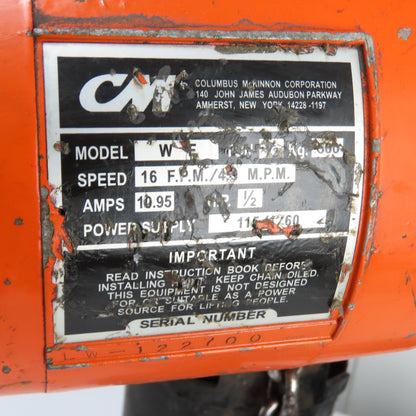 CM Valustar Model WF 1/2 Ton 1000LB Electric Chain Hoist 15' Lift 16FPM 1Ph 115V