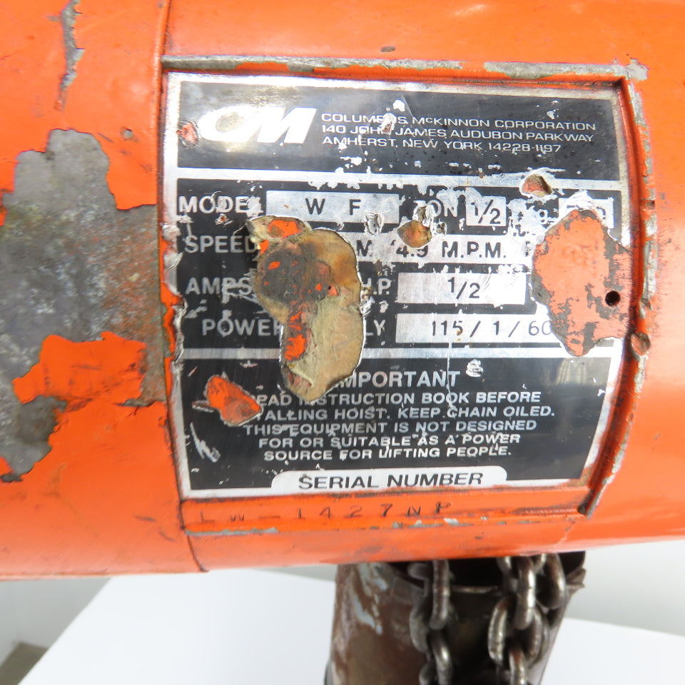 CM Valustar Model WF 1/2 Ton 1000LB Electric Chain Hoist 10' Lift 16FPM 1Ph 115V
