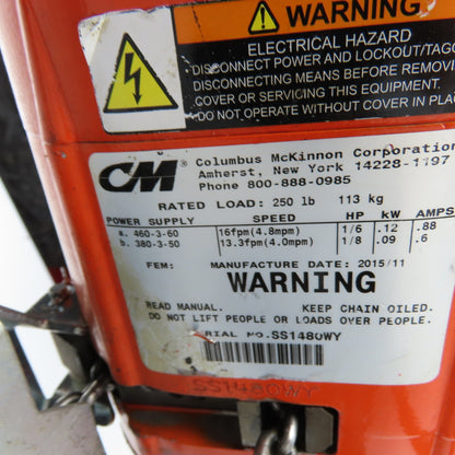 CM Shopstar Model 1/8 Ton 250LB Electric Chain Hoist 10' Lift 16FPM 380/460V 3Ph