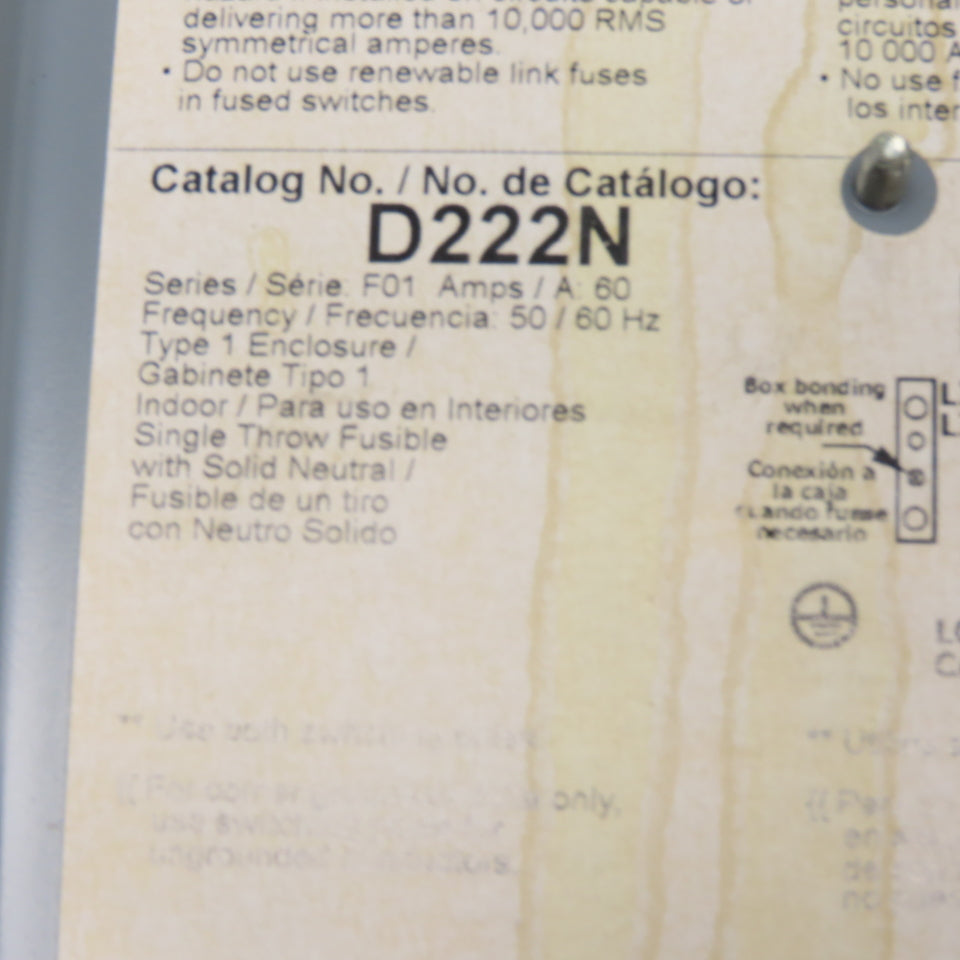 Square D D222N 60A 2-Pole Fusible Safety Disconnect Switch 240V