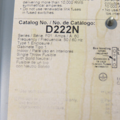 Square D D222N 60A 2-Pole Fusible Safety Disconnect Switch 240V