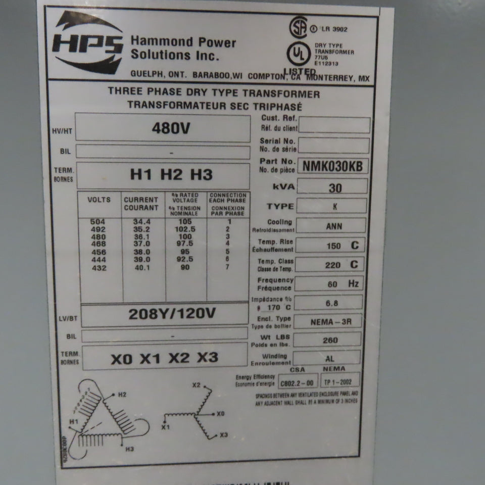 Hammond NMK030KB 30kVA Dry Type Transformer 480V 208Y/120V 3Ph Tested