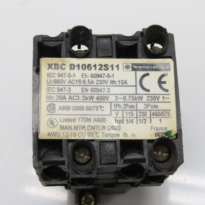 Telemecanique XBC D10612S11 Manual Motor Controller 660V 20A 1HP