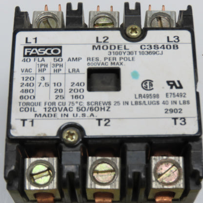Fasco 3100Y30T10369CJ C3S40B 40A 3-Pole Contactor 120VAC Coil 600VAC