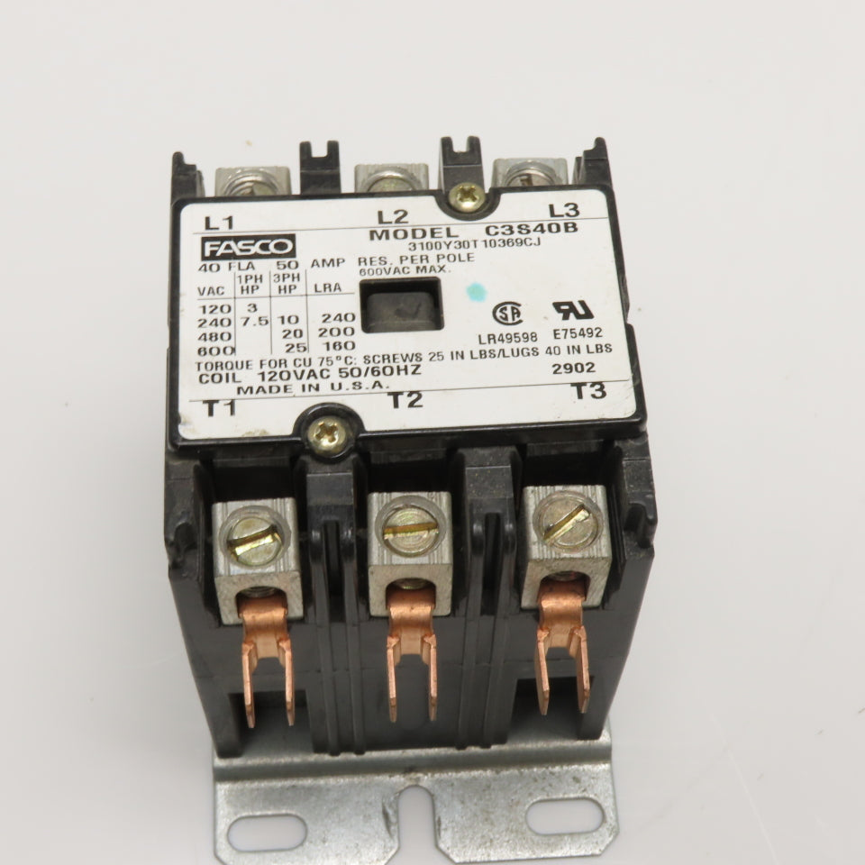 Fasco 3100Y30T10369CJ C3S40B 40A 3-Pole Contactor 120VAC Coil 600VAC