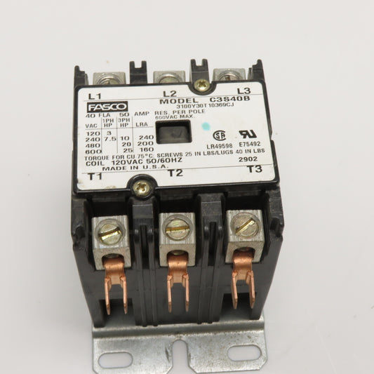 Fasco 3100Y30T10369CJ C3S40B 40A 3-Pole Contactor 120VAC Coil 600VAC