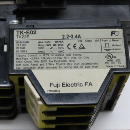 Fuji Electric TK-E02 SC-E03/G Contactor Overload Relay Assembly 24VDC 2.2-3.4A