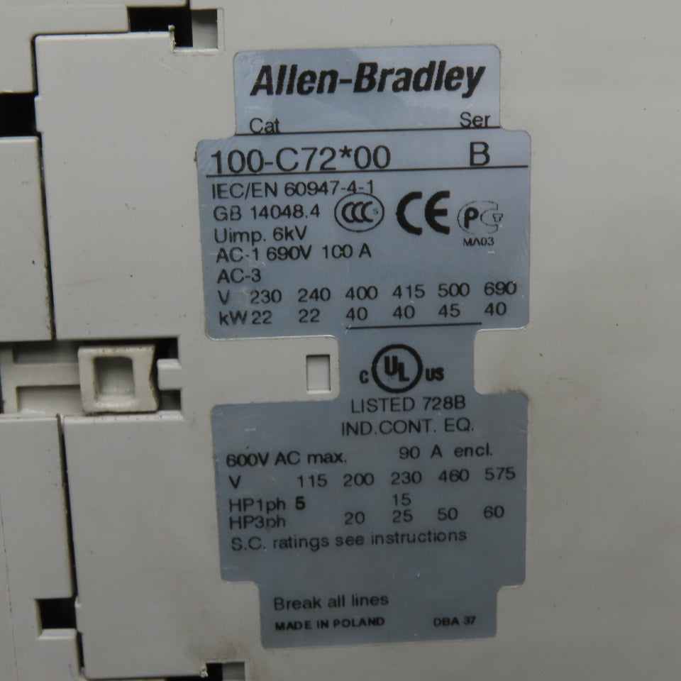 Allen-Bradley 100-C72*00 72A 3-Pole Contactor 230V Coil 600VAC