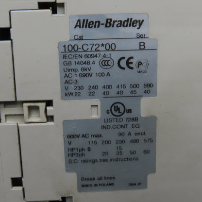 Allen-Bradley 100-C72*00 72A 3-Pole Contactor 230V Coil 600VAC