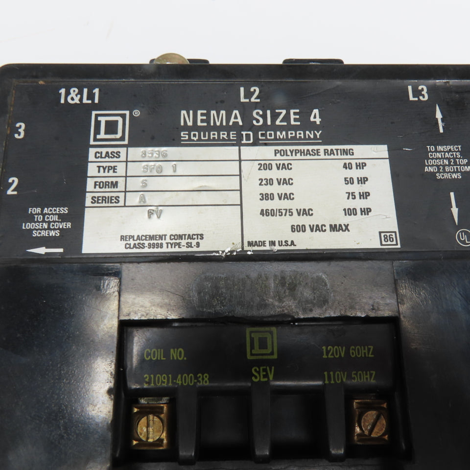 Square D 8536 SFO1 NEMA Size 4 Polyphase Contactor 120VAC Coil 600VAC Parts