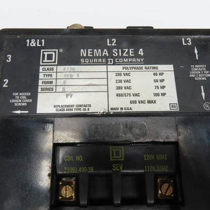 Square D 8536 SFO1 NEMA Size 4 Polyphase Contactor 120VAC Coil 600VAC Parts