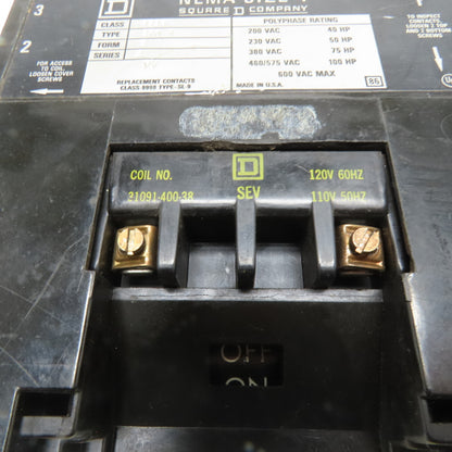 Square D 8536 SFO1 NEMA Size 4 Polyphase Contactor 120VAC Coil 600VAC Parts