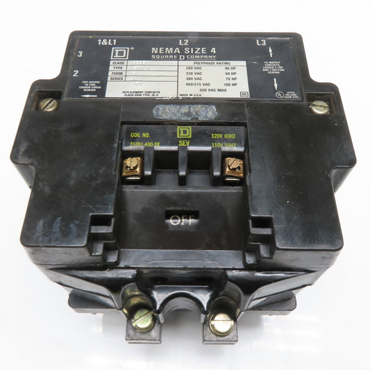 Square D 8536 SFO1 NEMA Size 4 Polyphase Contactor 120VAC Coil 600VAC Parts