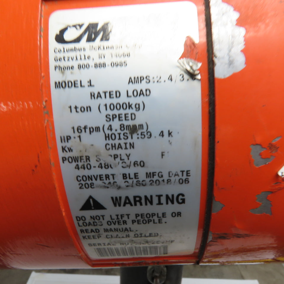 CM Model L Loadstar 1 Ton Electric Chain Hoist 20' Lift 16FPM 208-480V 3Ph