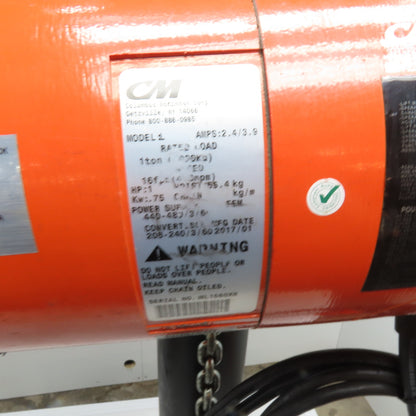 CM Model L Loadstar 1 Ton Electric Chain Hoist 20' Lift 16FPM 208-480V 3Ph