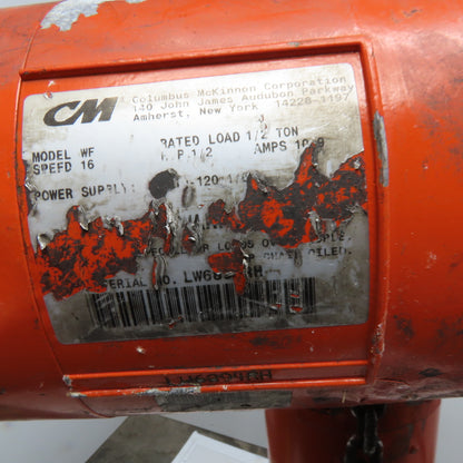 CM WF Valustar 1/2 Ton Electric Chain Hoist 10' Lift 16FPM 115V 1Ph