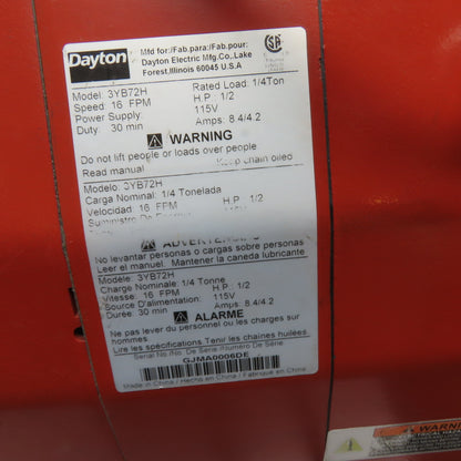 Dayton 3YB72H 1/4 Ton Electric Chain Hoist 10' Lift 16FPM 115/220V 1Ph
