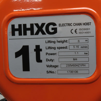 HHXG 1 Ton Electric Chain Hoist 18' Lift 15FPM 230V 1Ph New