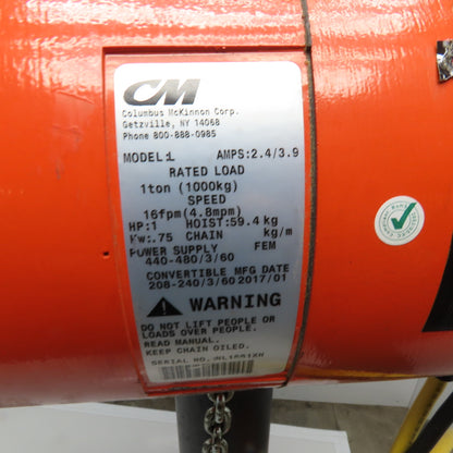 CM 1 Ton Electric Chain Hoist 20' Lift 16FPM 208-480V 3Ph