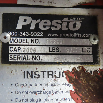 Presto PS262 2000Lb Capacity Pallet Straddle Stacker Lift 12V 62" Lift