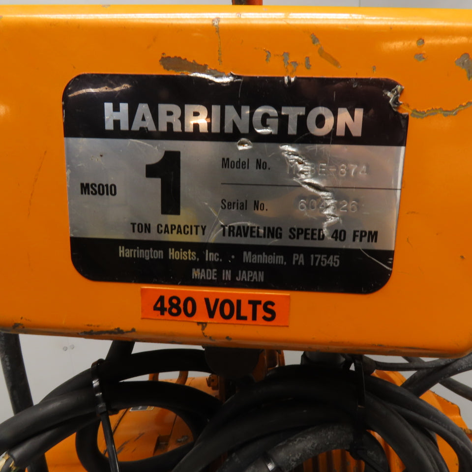 Harrington ES3B-873 1 Ton Electric Chain Hoist 10' Lift 13FPM With Power Trolley