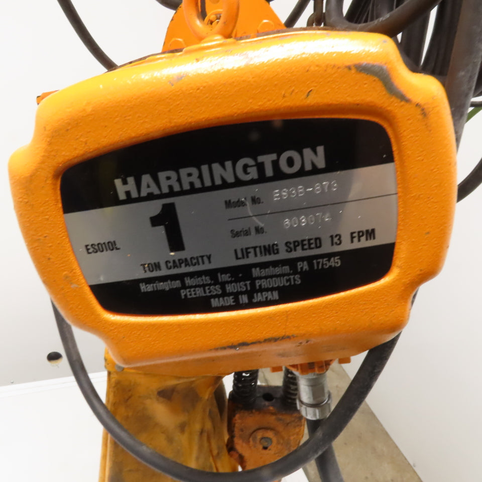 Harrington ES3B-873 1 Ton Electric Chain Hoist 10' Lift 13FPM With Power Trolley