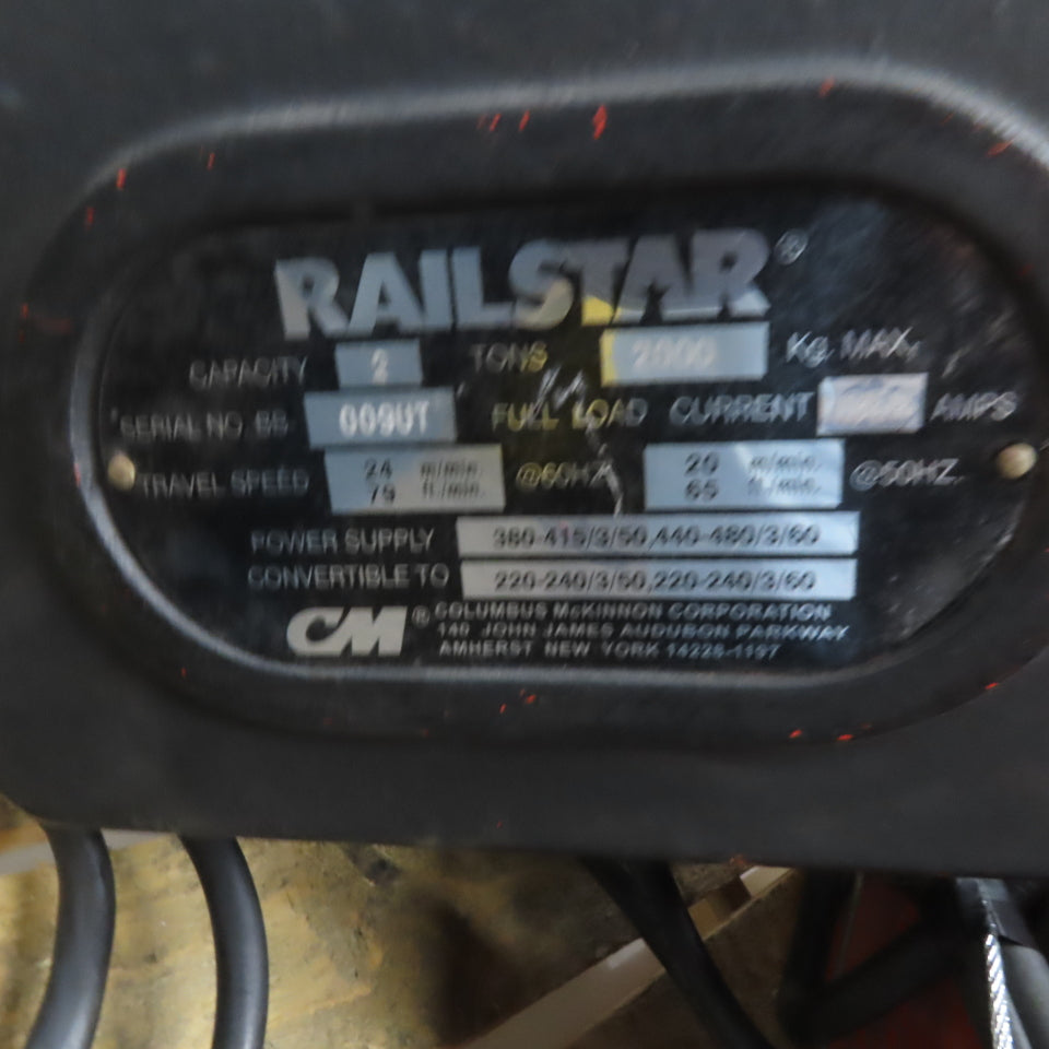 CM Valustar 2 Ton Electric Chain Hoist 15' Lift 8FPM208-480V W/ Powered Trolley