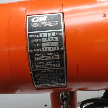 CM Model R 2 Ton 2000Lbs Electric Chain Hoist 10' Lift 8FPM 208-480V 3Ph