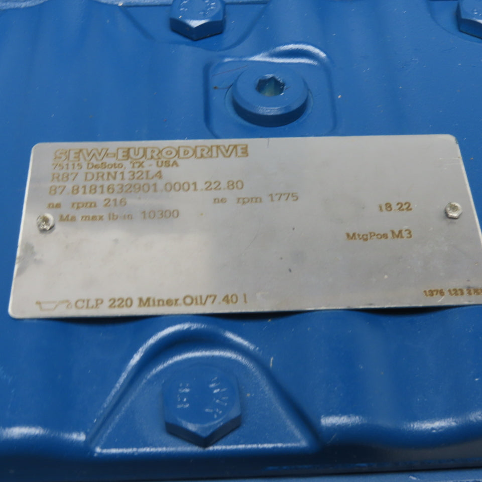 SEW-EURODRIVE R87 DRN132L4 12.3HP 125kW Gearmotor 230/460V 3Ph 1775/216RPM