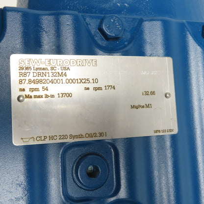 SEW-EURODRIVE R87 DRN132M4 10HP Gearmotor 32.66:1 230/460V 3Ph 1774/54RPM