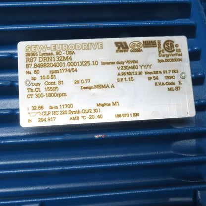 SEW-EURODRIVE R87 DRN132M4 10HP Gearmotor 32.66:1 230/460V 3Ph 1774/54RPM