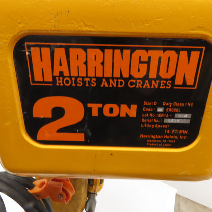 Harrington ER1A-570 2 Ton Electric Chain Hoist 15' Lift 208-460V 3Ph W/ Trolley