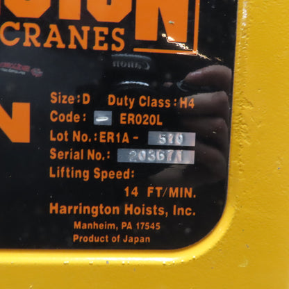 Harrington ER1A-570 2 Ton Electric Chain Hoist 15' Lift 208-460V 3Ph W/ Trolley
