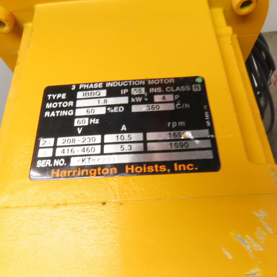 Harrington ER1A-570 2 Ton Electric Chain Hoist 15' Lift 208-460V 3Ph W/ Trolley