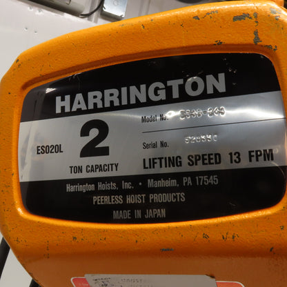 Harrington ES3B-243 2 Ton Electric Chain Hoist 20' Lift 13FPM 230/460V 3Ph