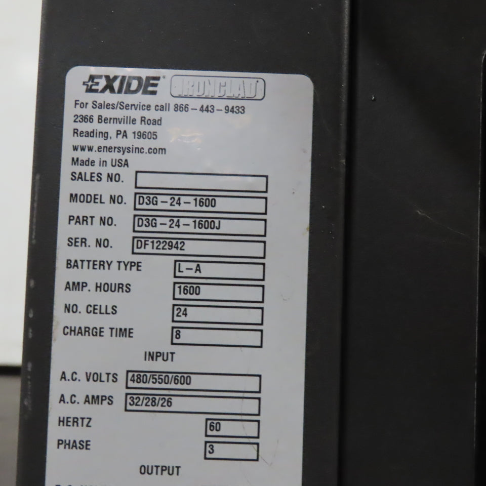 Exide D3G-24-1600 48V 24 Cell Lead Acid Forklift Battery Charger 1600AH 480V 3Ph