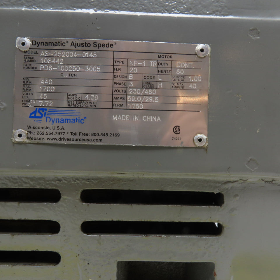 Dynamatic AS-252004-0145 20HP Eddy Current Adjustable Speed Drive 230/460V 3Ph