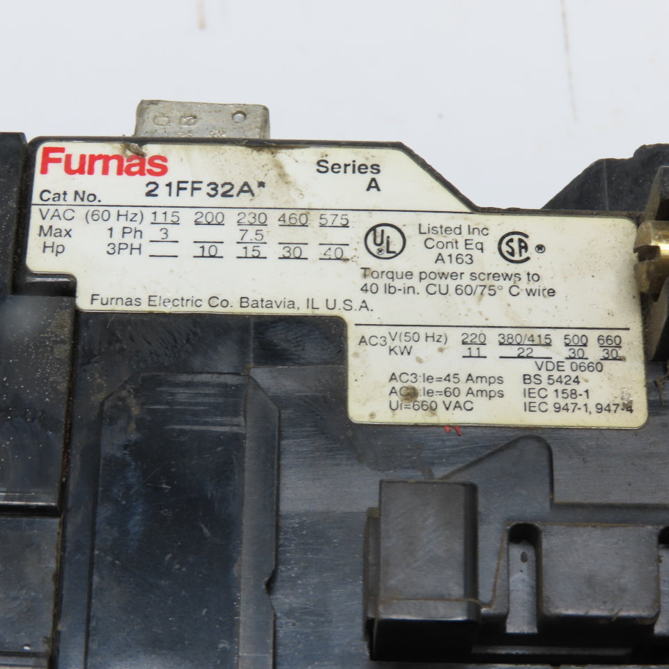 Furnas 21FF32A 600VAC 3-Pole Motor Starter Contactor Size F