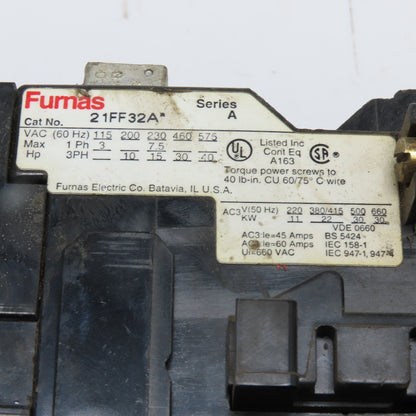 Furnas 21FF32A 600VAC 3-Pole Motor Starter Contactor Size F