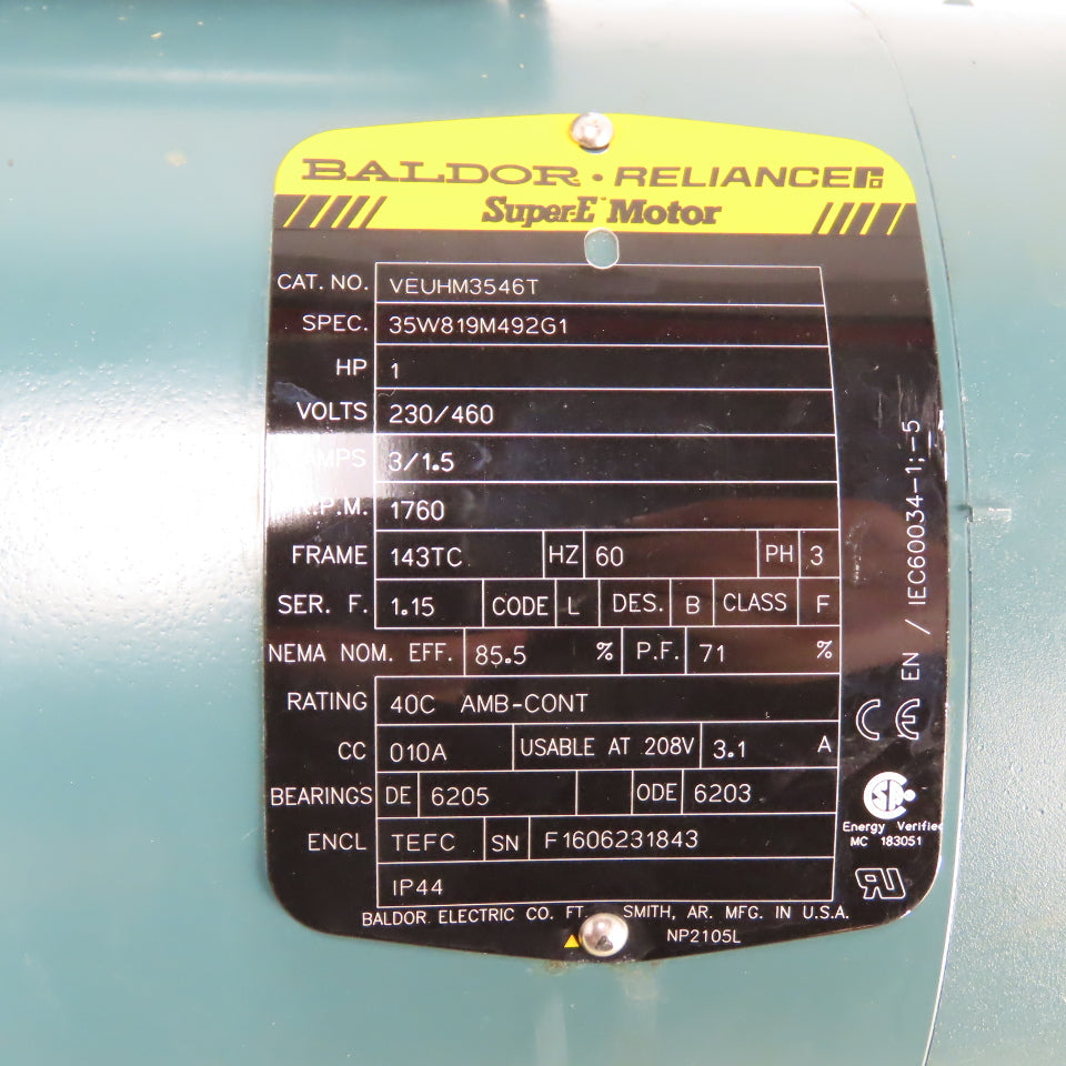 Baldor-Reliance VEUHM3546T 1HP AC Electric Motor 230/460V 3Ph 1760RPM 143TC