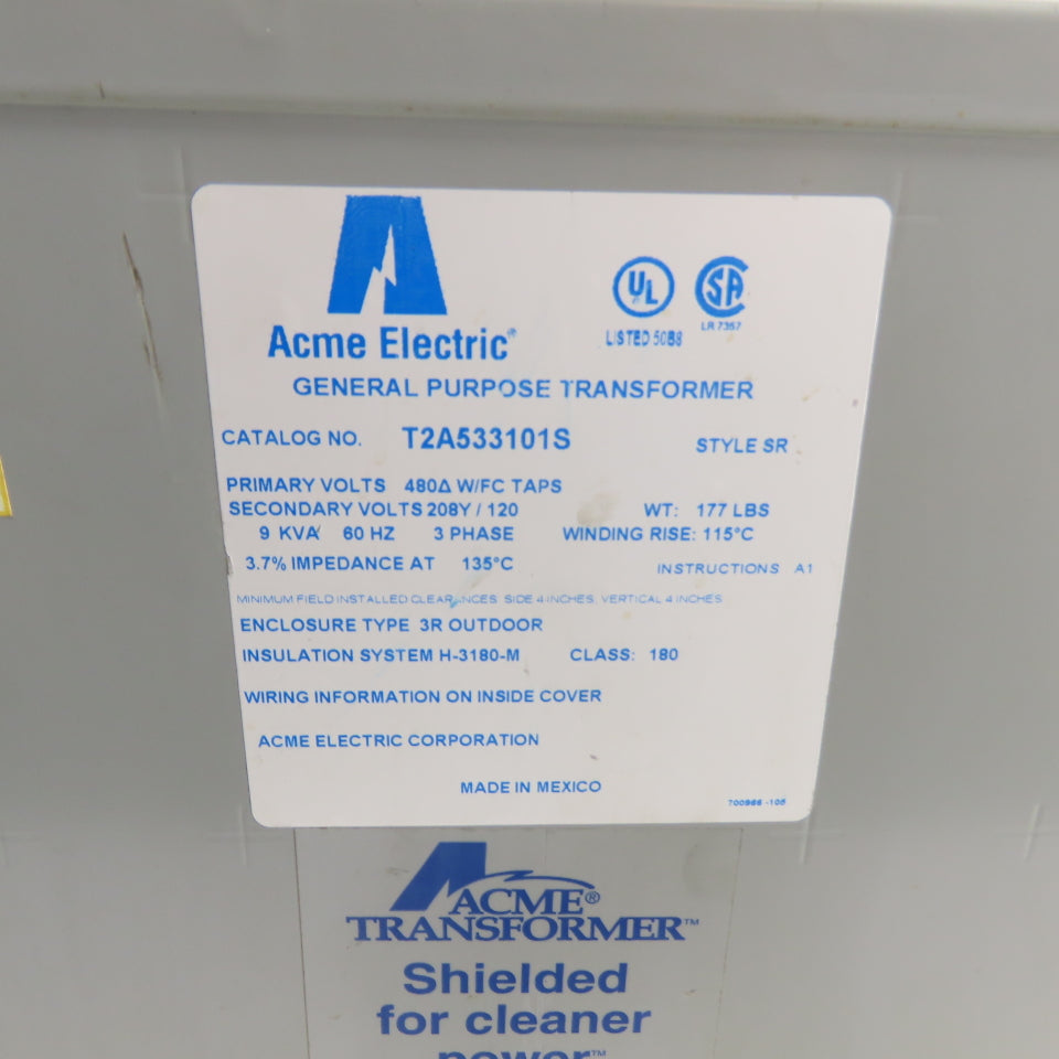 Acme T2A533101S 9 kVA 3Ph General Purpose Transformer 480V Pri 208Y/120V Sec