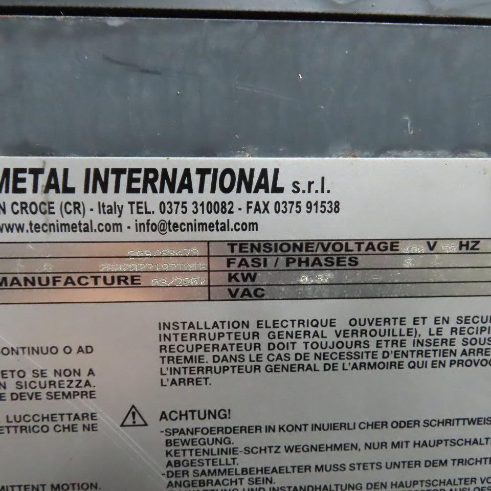 Tecnimetal 10" W Belt Incline Chip Conveyor 400V 3Ph 8FPM W/ Coolant Recovery