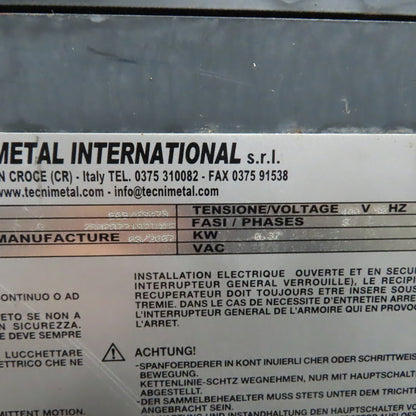Tecnimetal 10" W Belt Incline Chip Conveyor 400V 3Ph 8FPM W/ Coolant Recovery