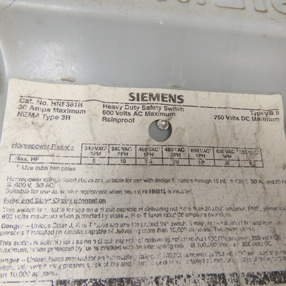 Siemens HNF361R 30A Non-Fusible Heavy Duty Safety Disconnect Switch 600VAC