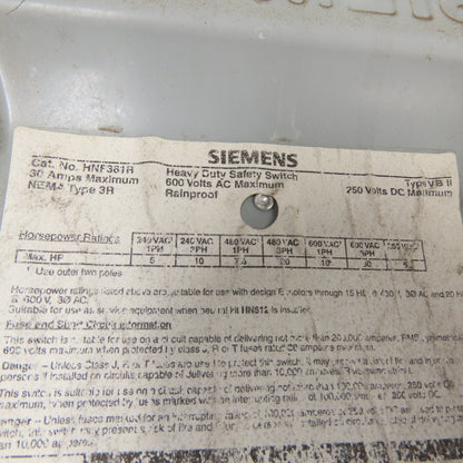 Siemens HNF361R 30A Non-Fusible Heavy Duty Safety Disconnect Switch 600VAC