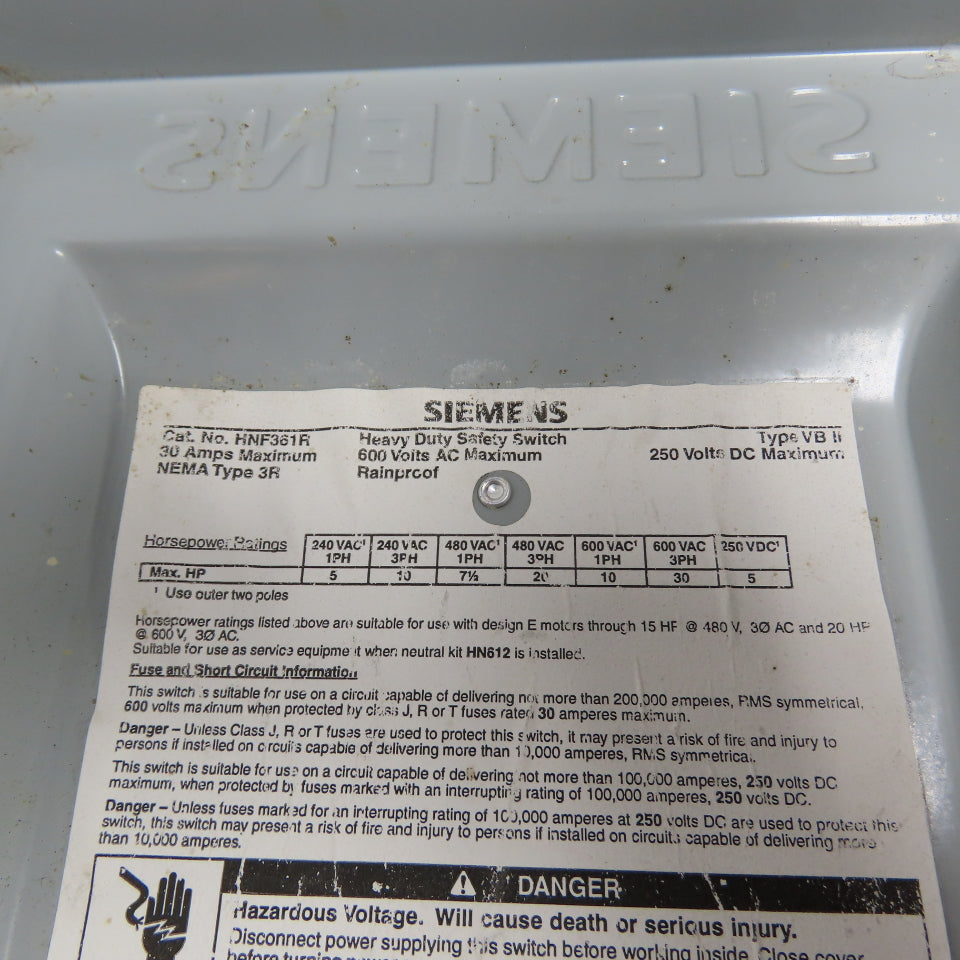 Siemens HNF361R 30A Non-Fusible Heavy Duty Safety Disconnect Switch 600VAC