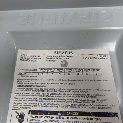 Siemens HNF361R 30A Non-Fusible Heavy Duty Safety Disconnect Switch 600VAC