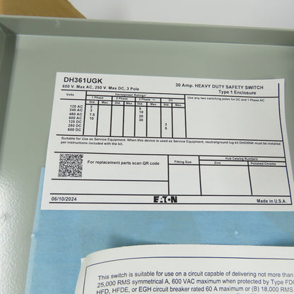 Eaton DH361UGK 30A Non-Fusible Heavy Duty Safety Disconnect Switch 600VAC 250VDC